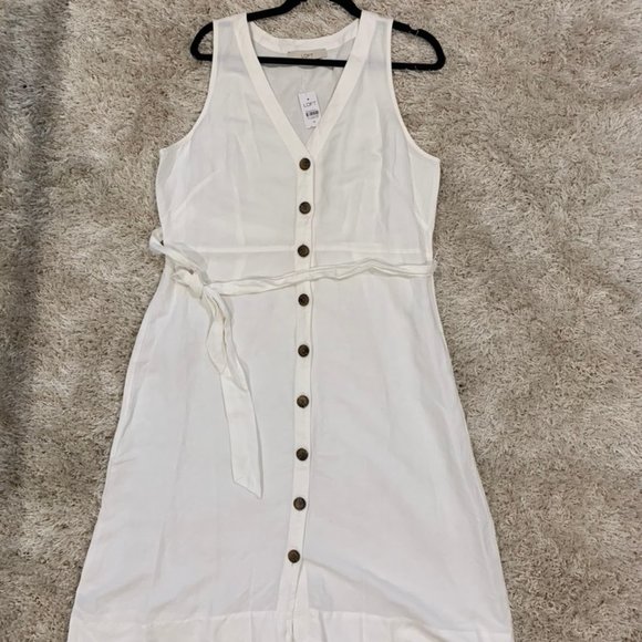 LOFT Linen Blend Button Tie Waist Dress - Picture 2 of 4